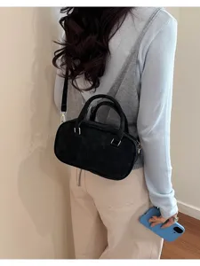 Korean style fashion women handbag black suede shoulder crossbody bag detail view showing design.