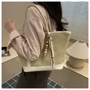 Stylish women straw woven shoulder bag large capacity casual summer beach tote bag with charm