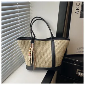 Stylish Woven Straw Tote Bag Large Capacity Summer Beach Handbag with Wooden Bead Charm