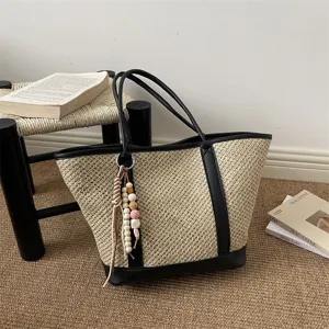 Women Fashion Large Capacity Straw Woven Tote Bag PU Leather Patchwork Casual Beach Shoulder Bag Summer Travel Handbag