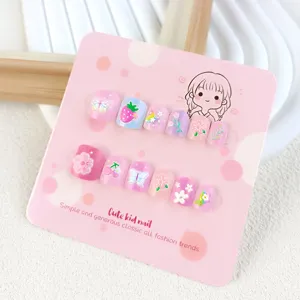 Uñas postizas para niños lindo dibujo animado flor mariposa fresa 12pcs rosa set uñas