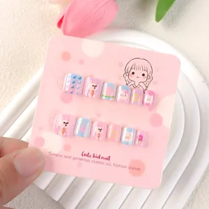 Uñas postizas para niños 12 pz lindo conejo de dibujos animados rosa estilo dopamina uñas