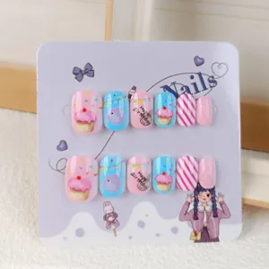 Uñas postizas para niños 12 pcs dopamina bonito dibujo animado set de manicura colorido