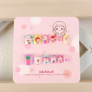 Uñas postizas niños 12 pz dopamina tierno conejo fresa dibujos animados pegatinas variante