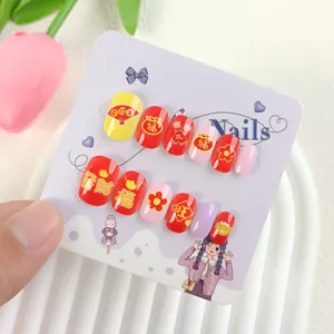 Uñas postizas para niños año nuevo chino 12pcs pegatinas de manicura lindas de festival