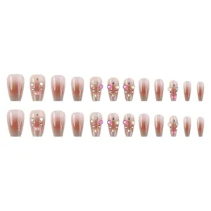 24pcs uñas postizas degradado rubor diamantes de imitación ataúd largo para mujeres