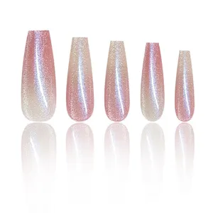Handmade pink gradient cat eye press-on nails long coffin nail art fake tips set