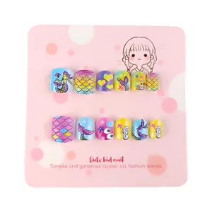 Uñas postizas adhesivas bonitas para niños 12pcs diseño sirena colorido manicura consejos
