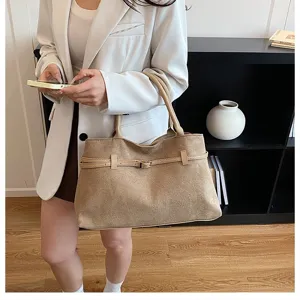 Casual beige suede tote bag for women, large capacity shoulder bag with stylish belt design.