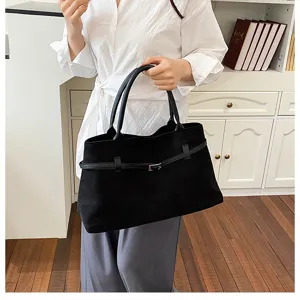 Minimalist black suede tote bag for women, large capacity shoulder bag for daily commute.