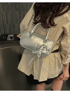 Silver metallic boston handbag with star pendant, casual versatile fashion crossbody bag.