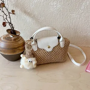 Dames Mini Stro Geweven Schoudertas Zomer Strandvakantie Handtas met Handvat PU Lederen Flap Schattige Hanger Tas
