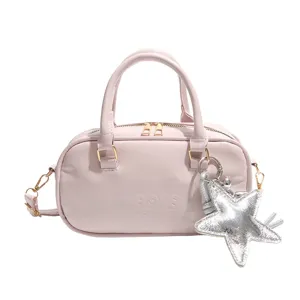 Pink Boston handbag women stylish crossbody purse PU leather bowling shoulder bag with star charm