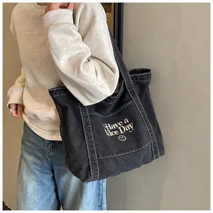 Vintage denim tote tas voor dames, casual canvas schoudertas, stijlvolle handtas.