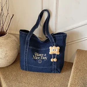 Retro denim shopper tas voor dames, casual schoudertas met leuke borduursel voor dagelijks gebruik.