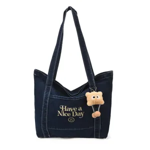 Vintage denim shopper dames, casual schoudertas met schattige pluche hanger borduursel.