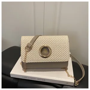 Sac à bandoulière en paille, pochette de plage tendance avec chaîne et anneau métal