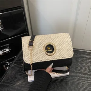 Sac Bandouliere Mode Femme Paille Tisse Cuir Synthetique Decontracte Chic Quotidien Avec Chaine Metal