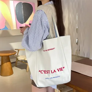 Women Canvas Tote Bag Large Capacity Casual Commute Shoulder Bag Embroidered Letter Double Sided Reversible Handbag