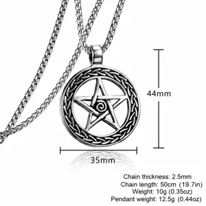 Pendentif pentagramme en acier inoxydable argenté avec dimensions et poids détaillés.