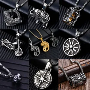 Collier Pendentif Vintage Corbeau d'Odin Viking en Acier Inoxydable Rétro Éléphant Moto Squelette Pendentif Bijoux Cadeau Homme