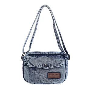 Vintage γυναικεία τσάντα χιαστί από denim, μοντέτσα μικρή τσάντα χειρός με καπάκι.