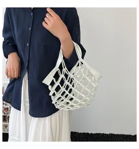White leather mesh handbag for women, chic hollow out tote bag, stylish lightweight hand bag.