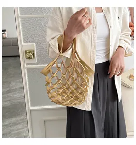 Minimalist leather mesh tote bag for women, chic hollow out casual handbag, lightweight.
