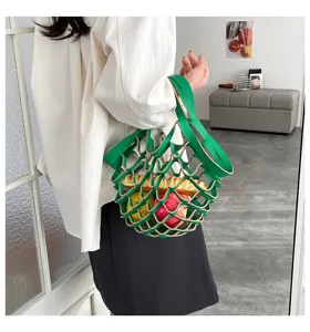 Green leather net handbag stylish hollow out casual tote lightweight foldable bag details.