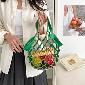 Green leather mesh tote bag chic casual hollow out handbag stylish lightweight shopping bag for women