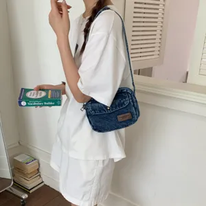 Ιαπωνική vintage πλυμένη τσάντα ώμου denim για γυναίκες, ρετρό casual χιαστί τσάντα κύρια.