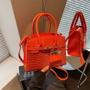 Women Fashion PU Leather Crossbody Bag Luxury Designer Style Top Handle Handbag Color Block Crocodile Pattern Satchel Purse