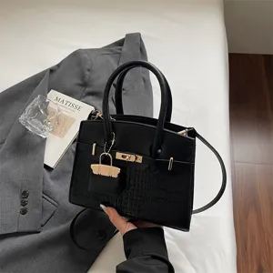 Stylish black crocodile pattern top handle bag, chic women crossbody shoulder handbag.