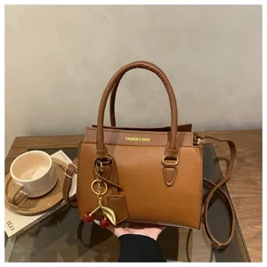 Brown leather handbag women shoulder crossbody bag stylish contrast color tote bag with cherry charm