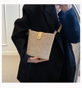Straw bucket bag for women summer casual woven crossbody shoulder bag with yellow trim