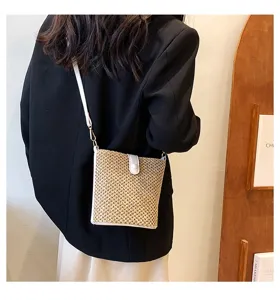 Stylish straw woven crossbody bucket bag for women summer casual leather splice shoulder bag