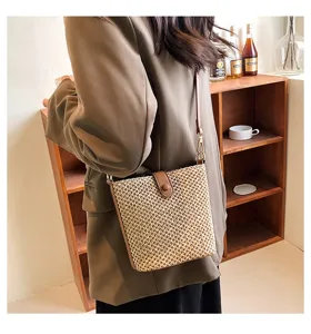 Summer woven straw bucket bag women casual crossbody shoulder handbag brown leather trim