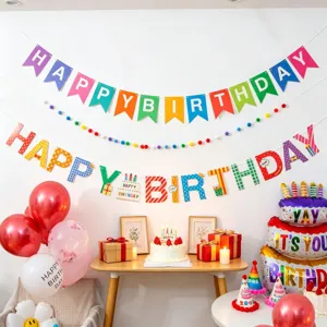 Happy Birthday Banner Mehrfarbig Papier Wimpelkette Mit Bommeln Für Geburtstag Party Dekoration Fotografie Hintergrund Requisite