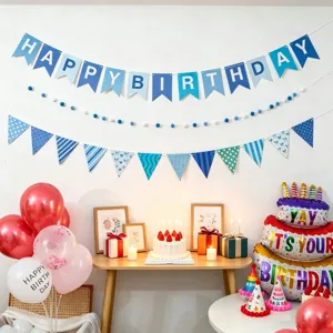 Blaues Geburtstag Party Deko Set mit Happy Birthday Banner, Filzkugel Girlande und Luftballons.