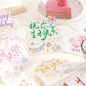 Colorful folding birthday greeting cards with cute blessing text designs for party gifts.