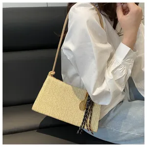 Bolso de hombro tipo baguette de paja tejida para mujer, elegante bolso casual diario.