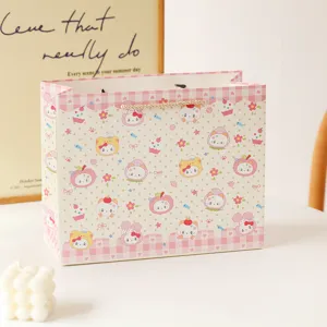 Sac cadeau rose mignon avec motif de lapin, sac en papier épais pour fête et anniversaires.