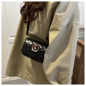 French style black quilted leather shoulder bag with chic wooden buckle for daily wear.