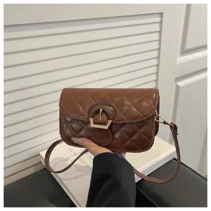 Brown quilted shoulder bag for women, chic wood buckle messenger bag with stylish chain strap.