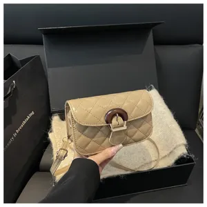 French style quilted crossbody bag for women with chic wooden buckle and shoulder strap.