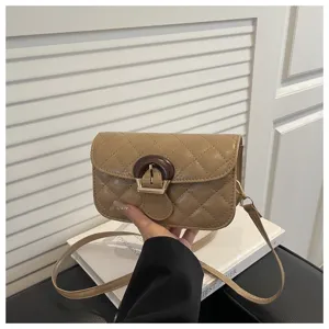 Chic quilted crossbody bag for women, khaki shoulder bag with stylish wooden buckle design.