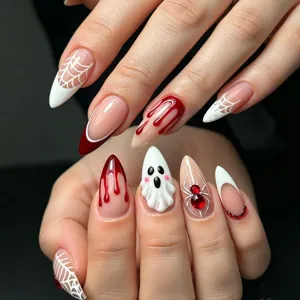 Halloween press on nails 3D cute ghost red spider fake nails almond acrylic nail art sets