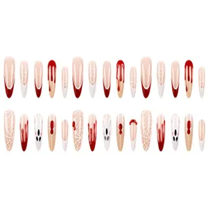 Halloween Press On Nails 30Pcs Cute Ghost Spider Red Fake Nails Set Detailed Display