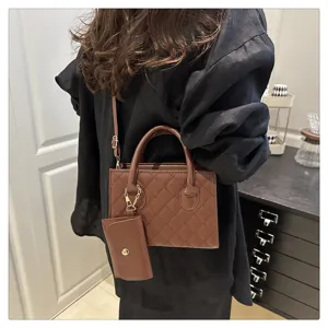 Stylish women's quilted top handle handbag with pouch, retro casual crossbody bag.