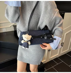 Sweet denim shoulder bag, trendy contrast belt underarm handbag with cute bear pendant for daily.